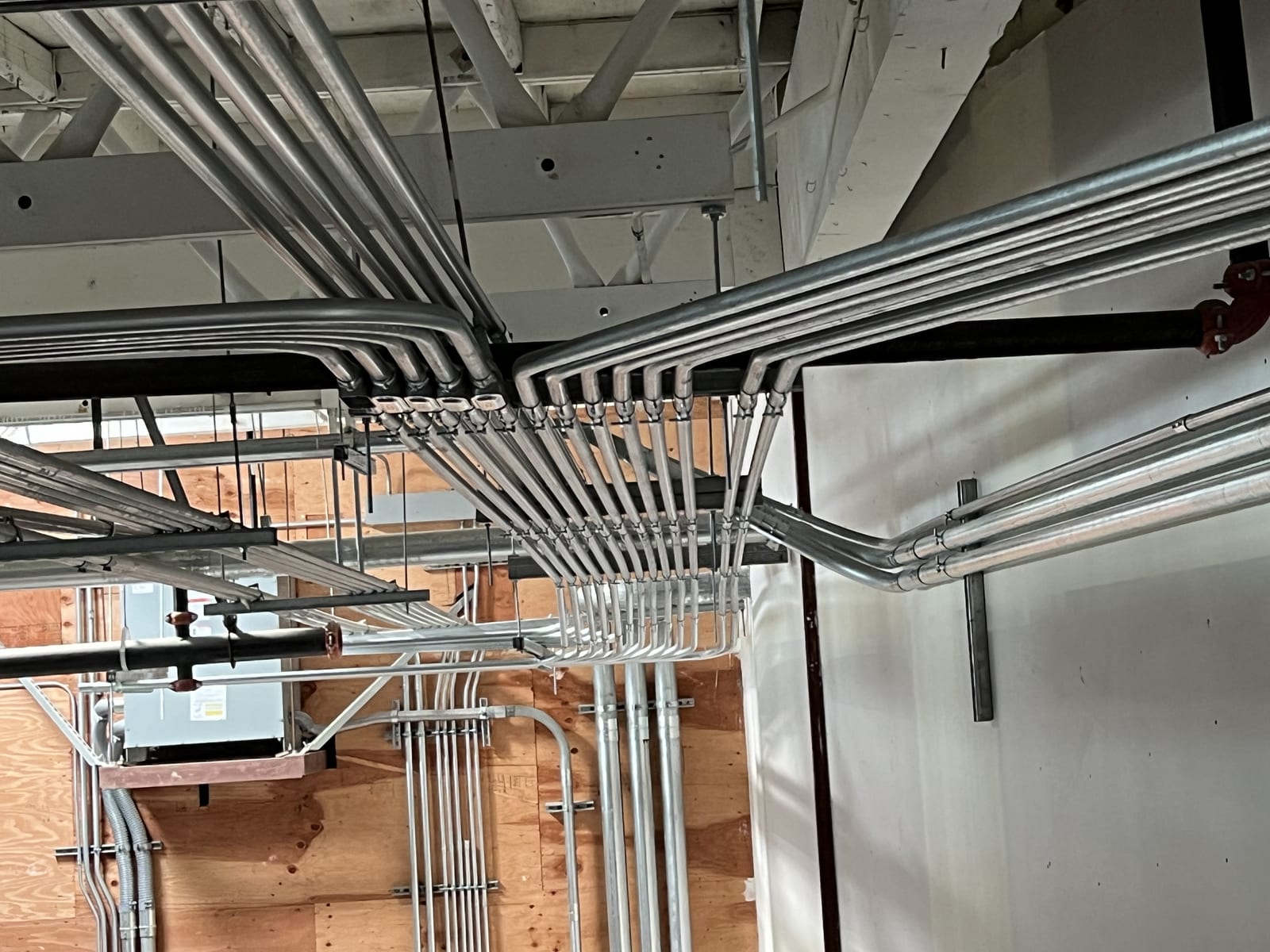 Overhead conduit bank distributing power across a plant ceiling